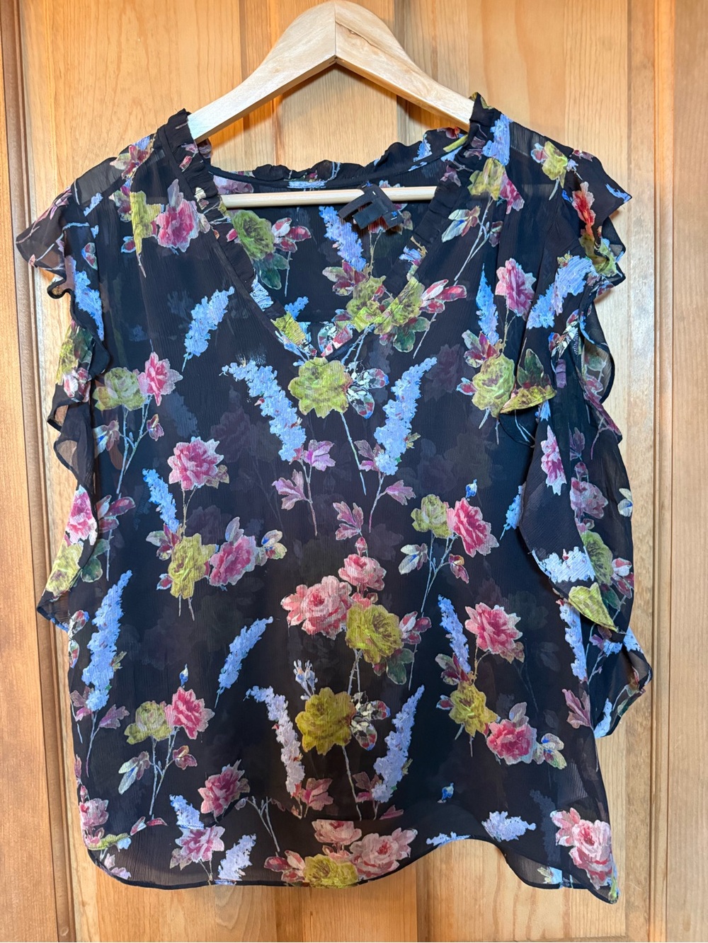 PAIGE Black Floral V-Neck Ruffle Sleeve Blouse